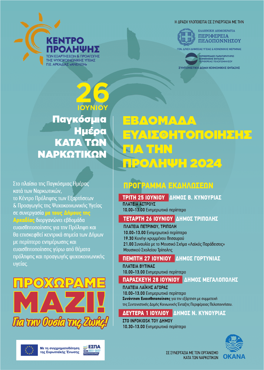 ΚΕΝΤΡΟ ΠΡΟΛΗΨΗΣ ΑΡΚΑΔΙΑΣ: ΕΚΔΗΛΩΣΕΙΣ ΓΙΑ ΤΗΝ ΠΑΓΚΟΣΜΙΑ ΗΜΕΡΑ ΚΑΤΑ ΤΩΝ ΝΑΡΚΩΤΙΚΩΝ
