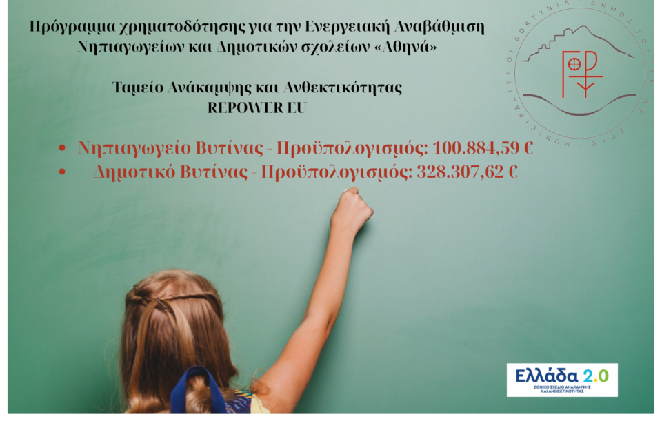 Πρόγραμμα χρηματοδότησης για την Ενεργειακή Αναβάθμιση Νηπιαγωγείων και Δημοτικών σχολείων «Αθηνά» κατέθεσε ο Δήμος Γορτυνίας.